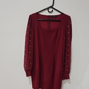 Iris Red Embellished Bishop Sleeve Sheath Dress